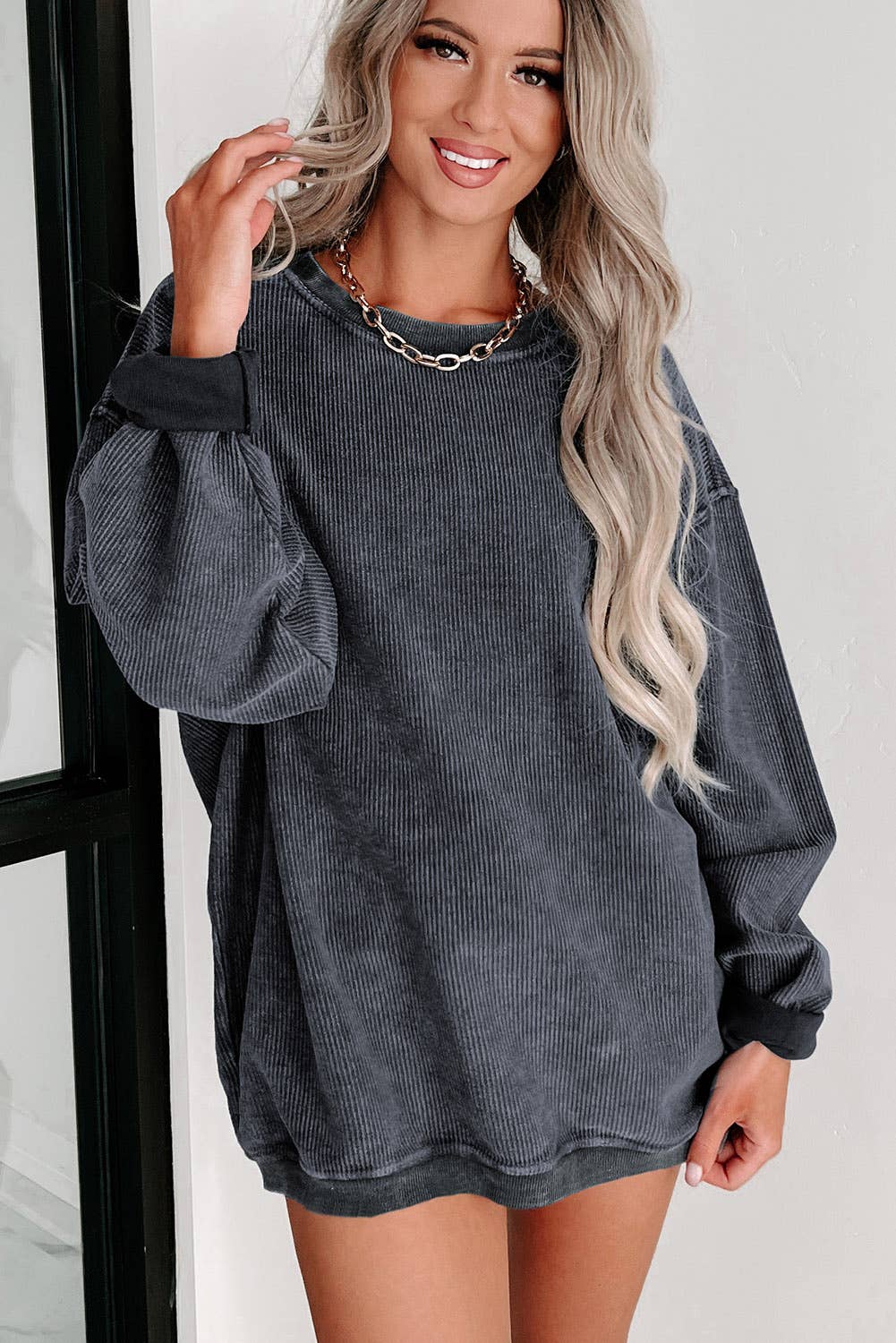 Custom Solid Ribbed Knit Round Neck Pullover Sweatshirt