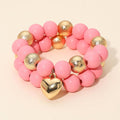 2PCS - Chunky Heart Charm Wooden Metal Ball Beaded Stretch Multi Layered Bracelets