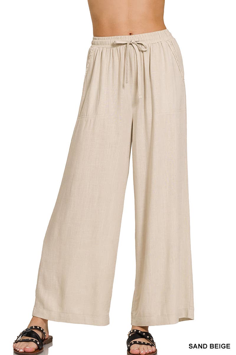 Wide Leg Linen Blend Pants With Pockets