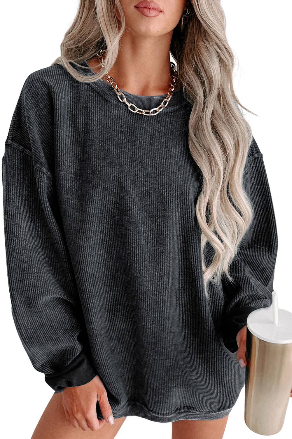 Custom Solid Ribbed Knit Round Neck Pullover Sweatshirt