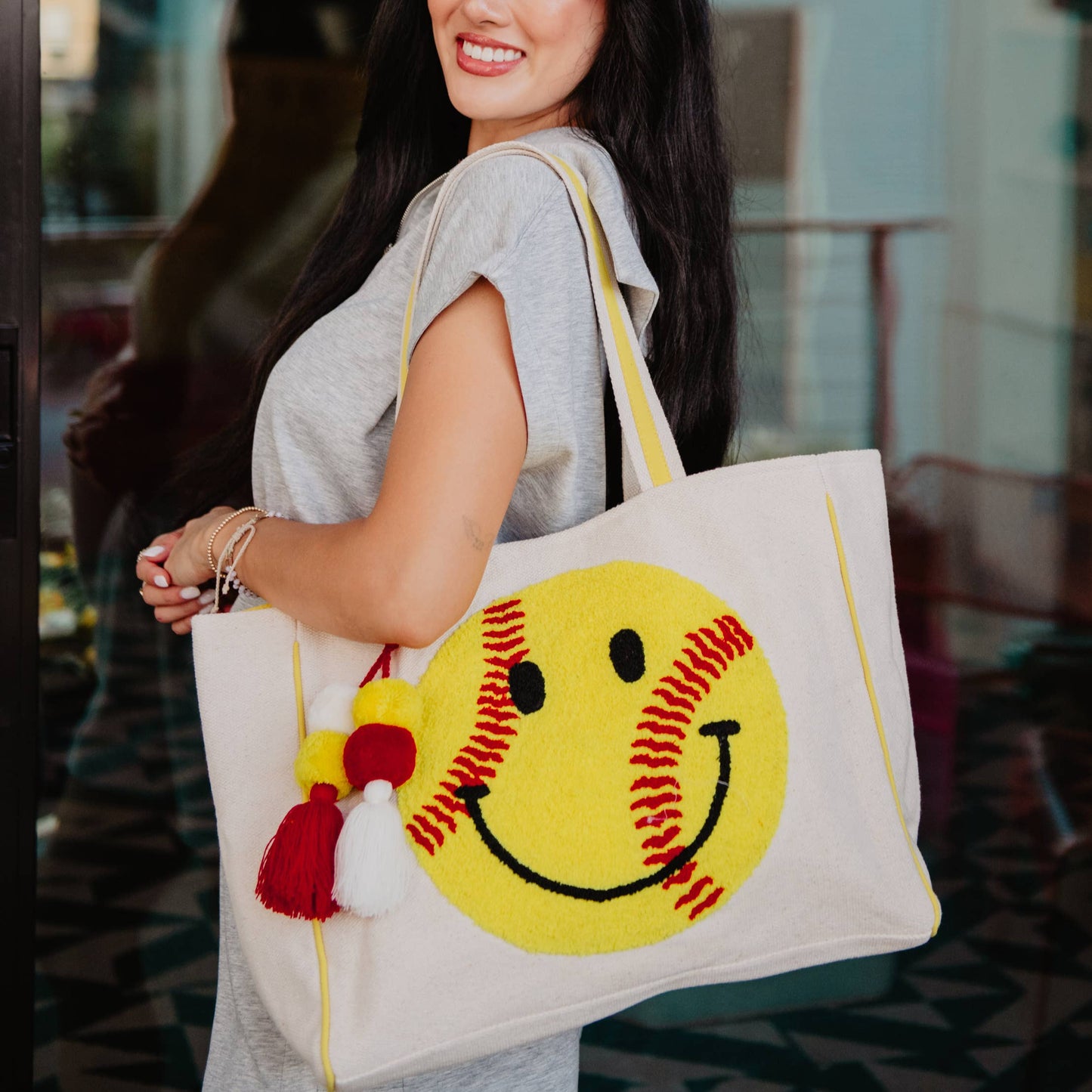 Softball Oversized Happy Face Canvas Tote Bag