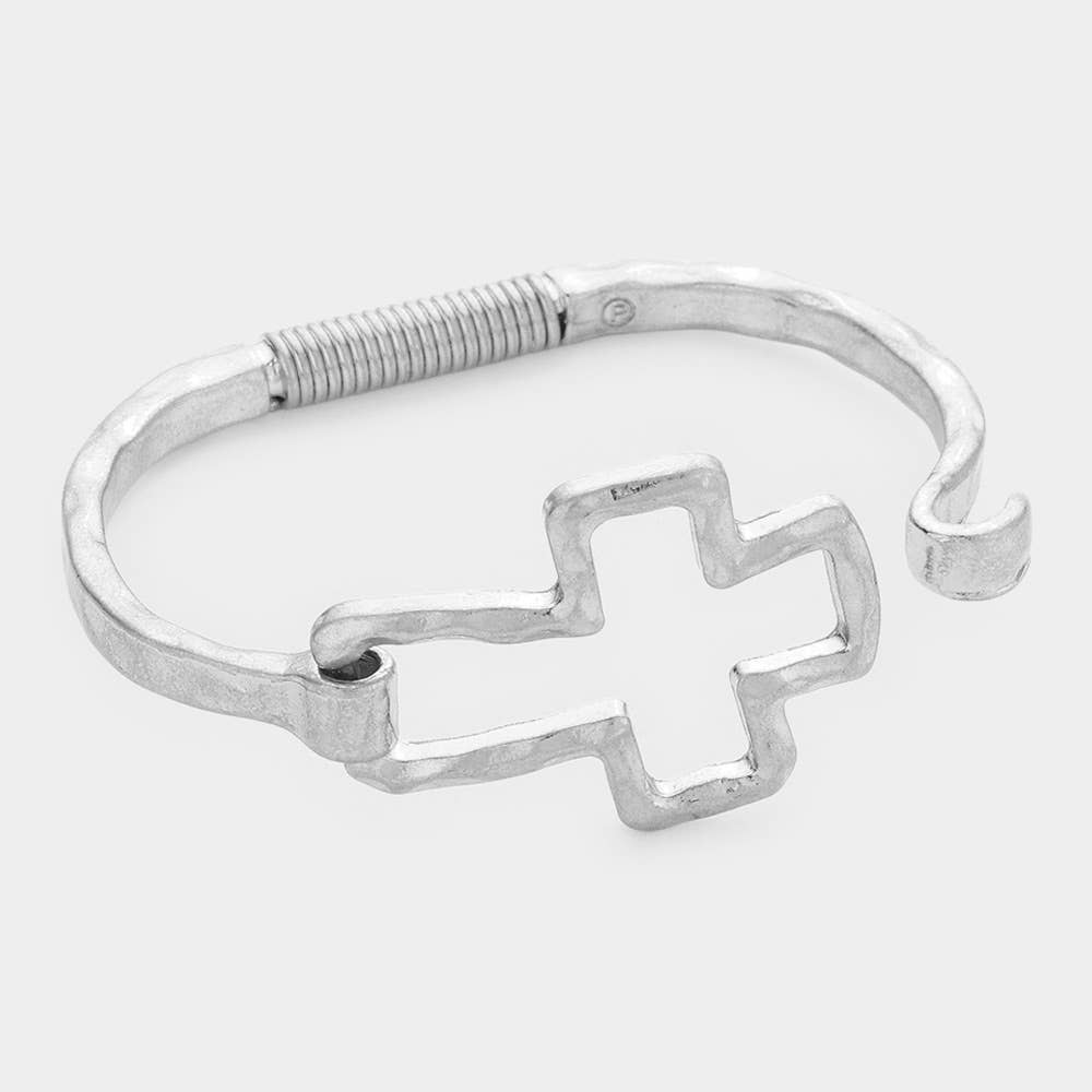 Hammered Open Metal Cross Hook Bracelet