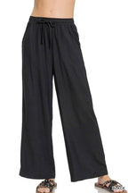 Wide Leg Linen Blend Pants With Pockets