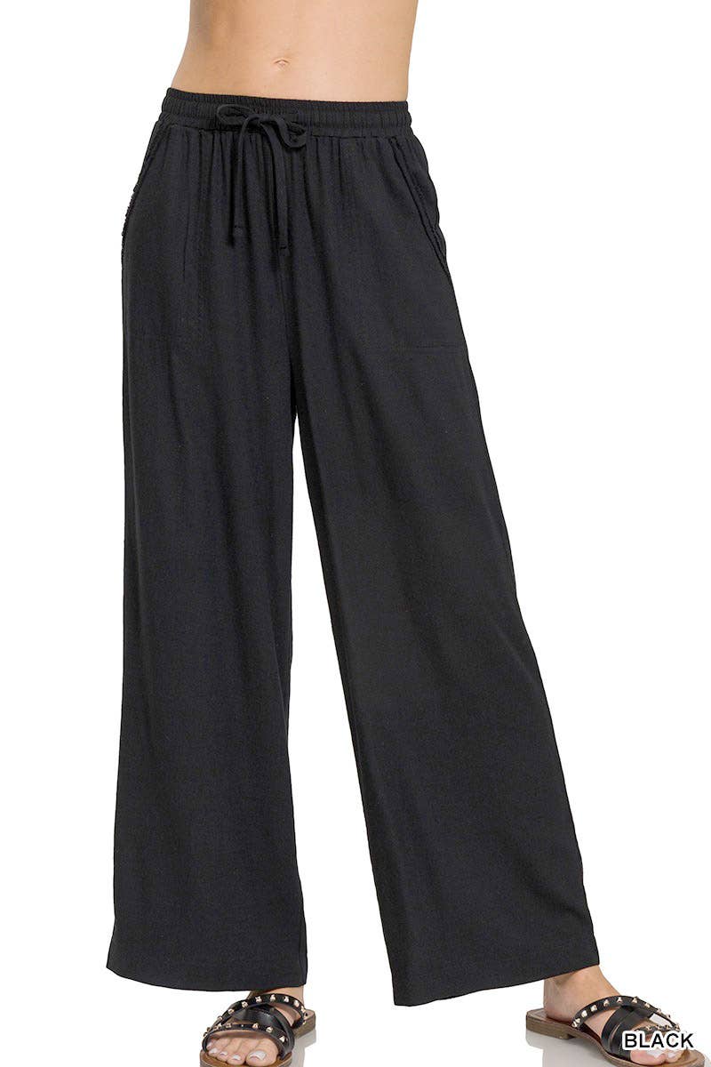 Wide Leg Linen Blend Pants With Pockets