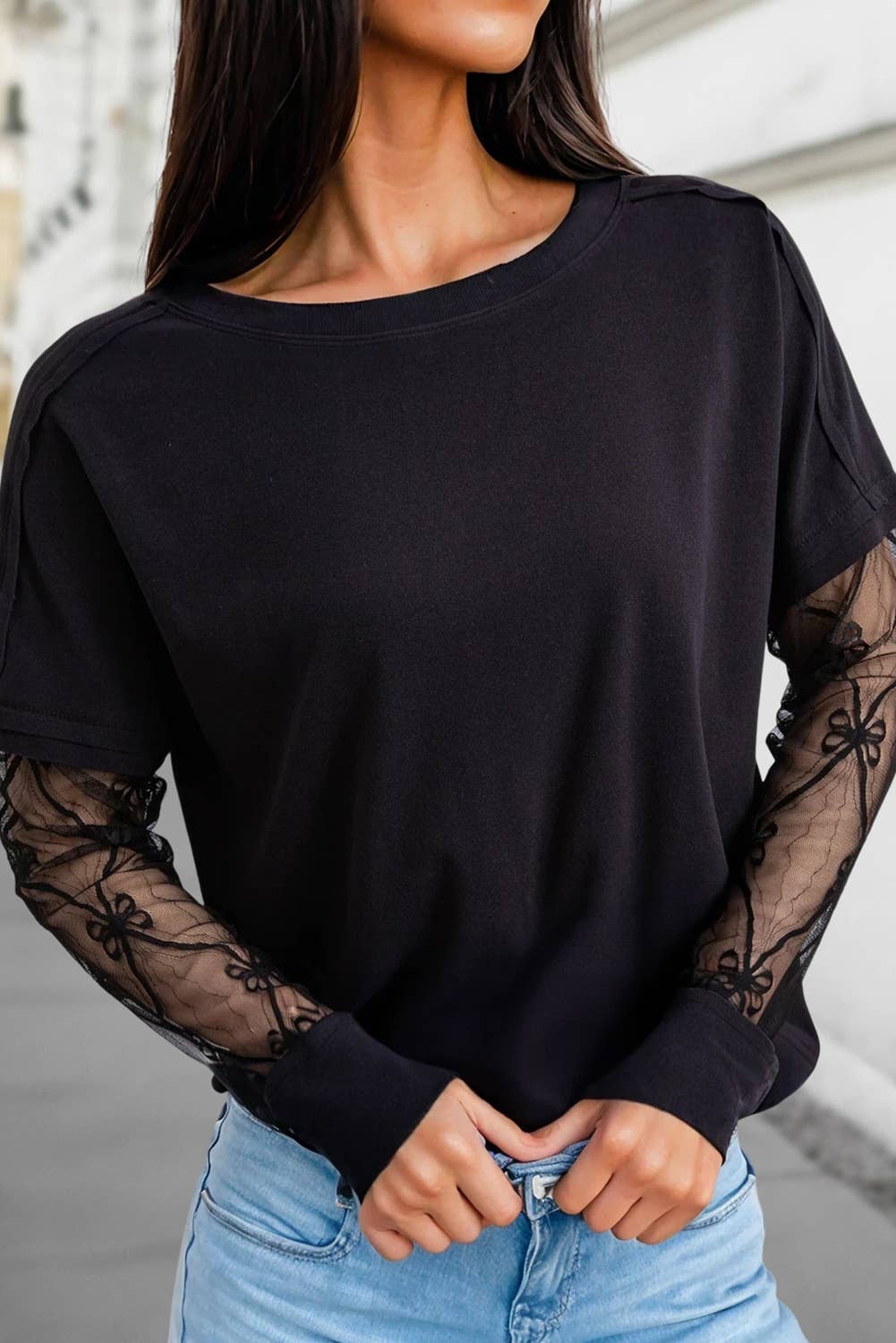 Solid Texture Patchwork Lace Long Sleeve Top