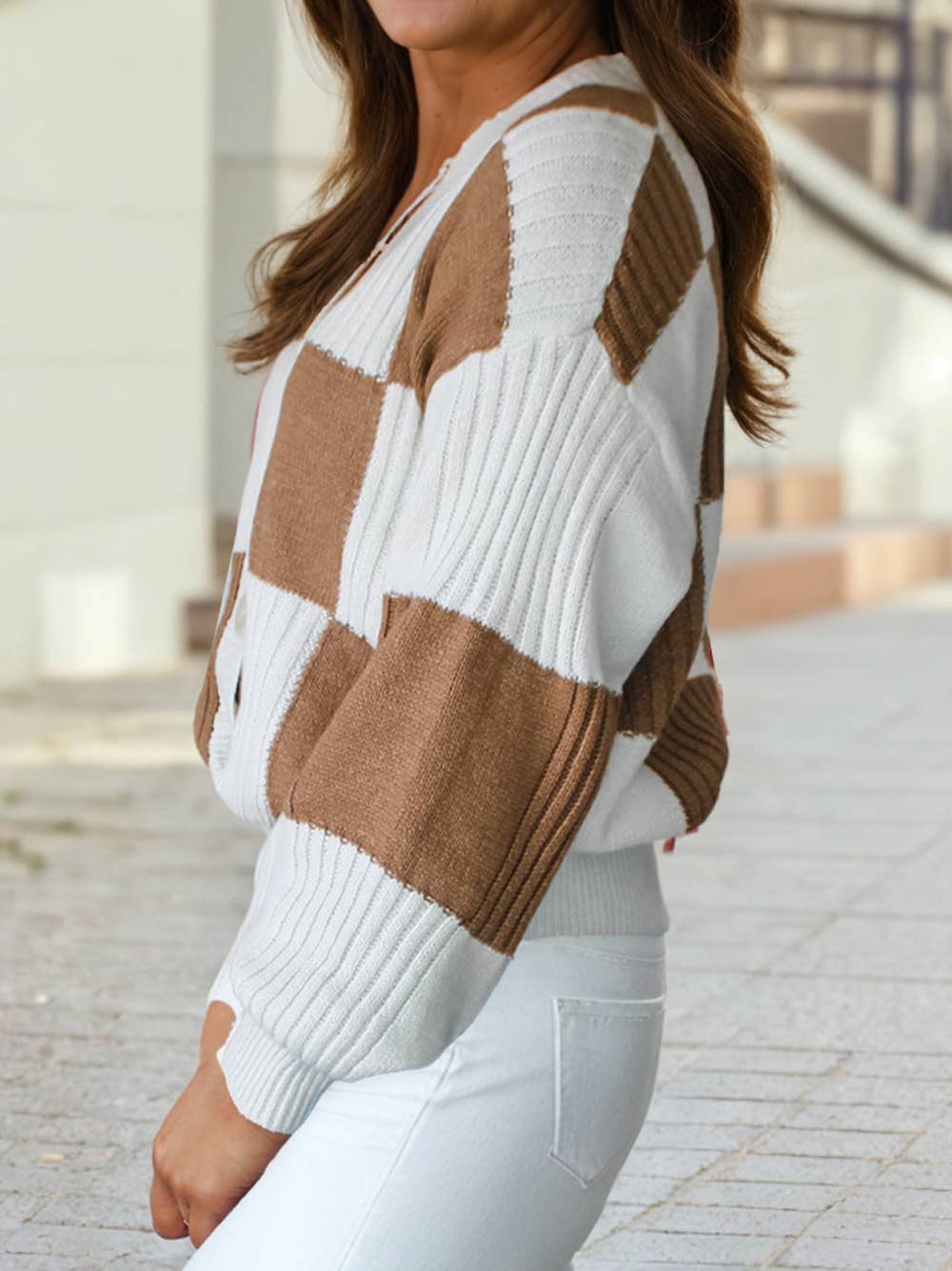 Checkered Ribbed Detail Button V Neck Sweater Cardigan