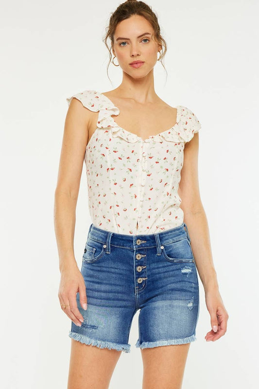 Mid Rise Button Up Denim Shorts