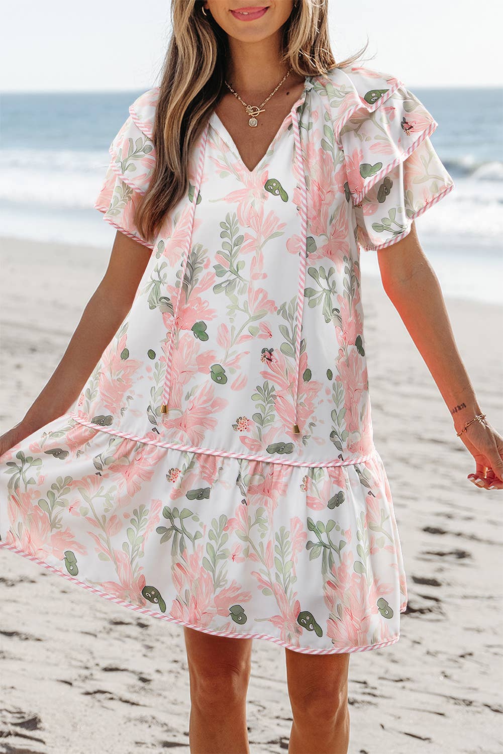 Floral Contrast Edge Tied Neck Mini Dress