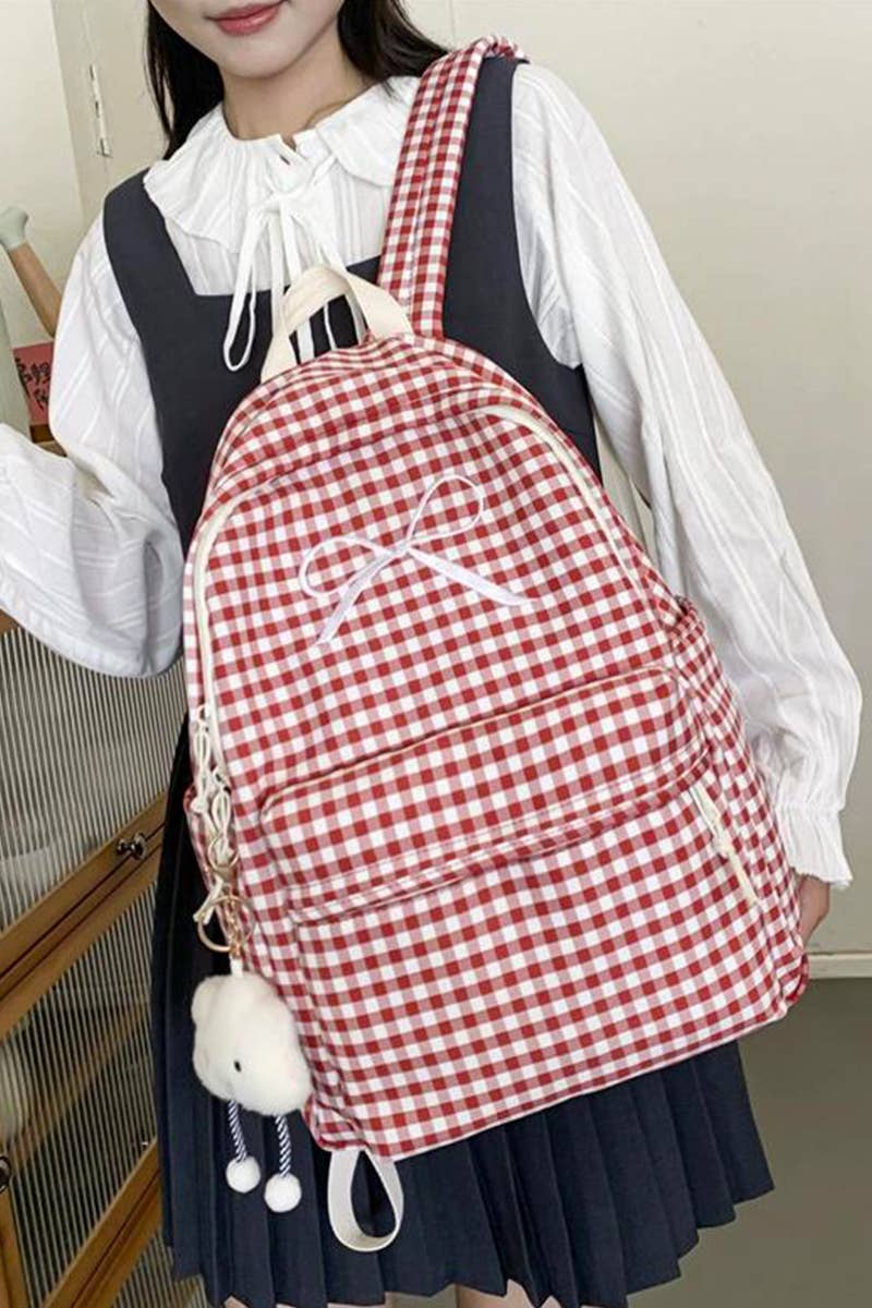 Coquette Bow Embroidered Checkered Backpack