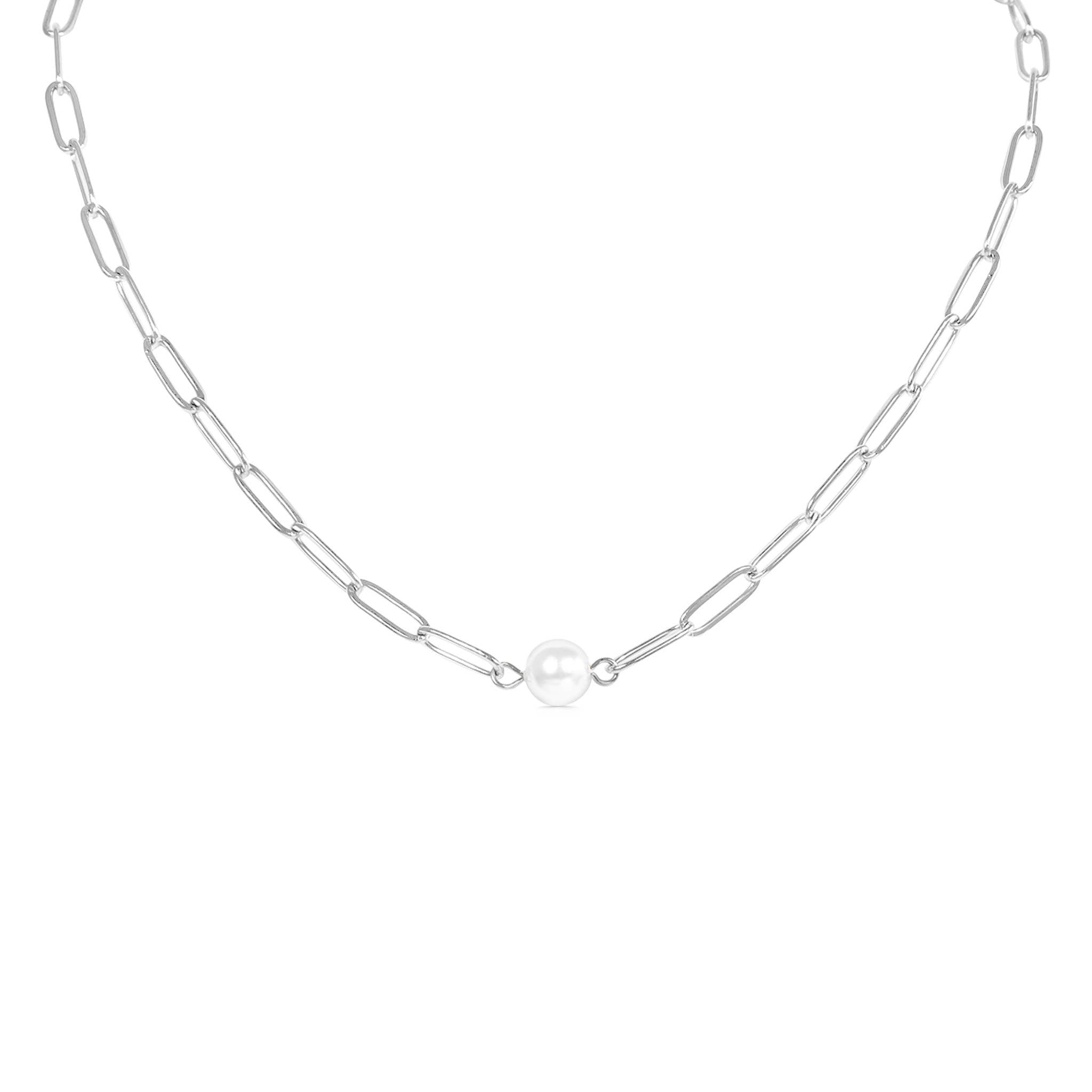 Stainless Steel / Gold Paperclip Necklace With Pearl