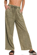 Acid Wash Linen Blend Elastic Band Waist Pants